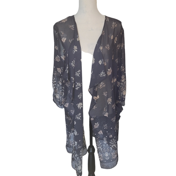 Band of gypsies sheer kimono cardigan cover up blue floral pattern size medium - Picture 3 of 7